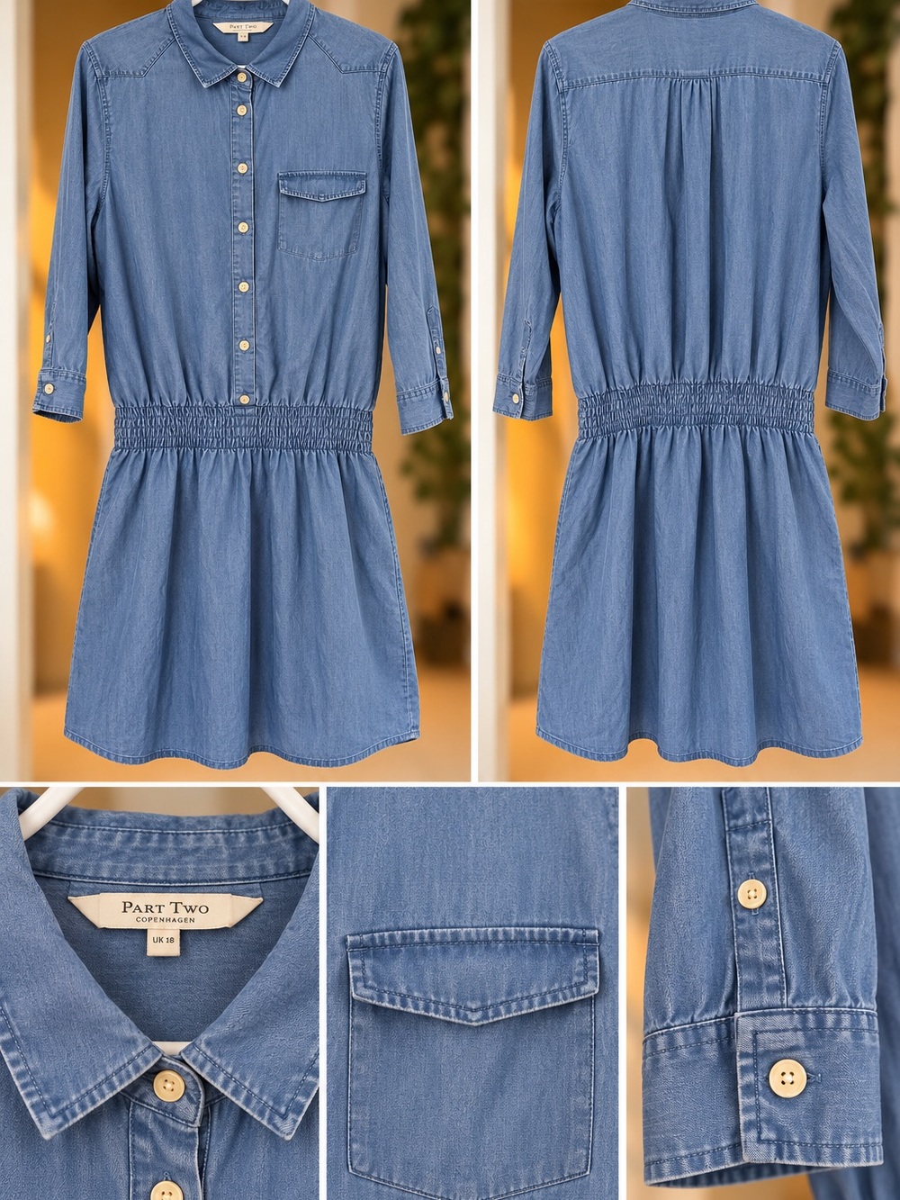 Part Two Light Blue Denim Shirt Dress with Elastic Waist